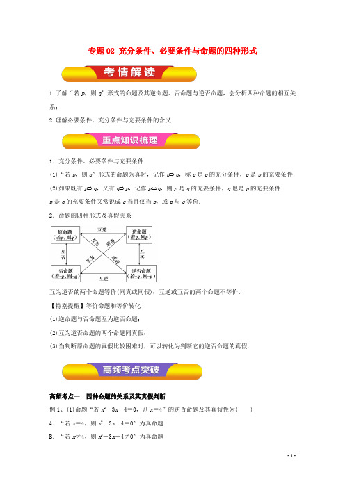 高考数学一轮复习 专题02 充分条件、必要条件与命题的四种形式教学案 文
