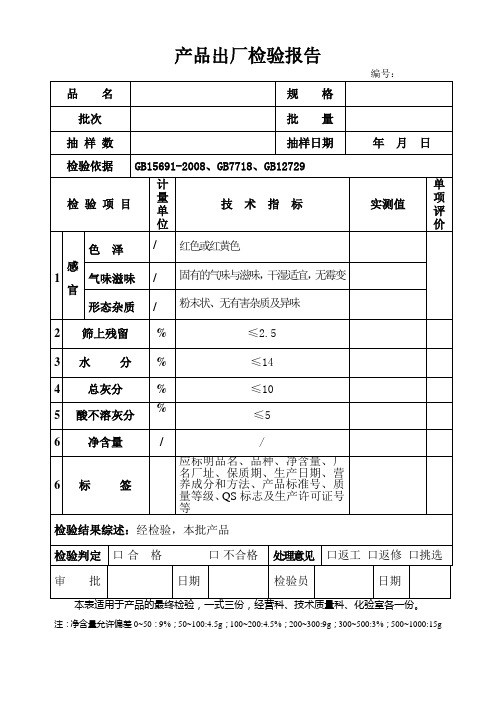 产品出厂检验报告模板