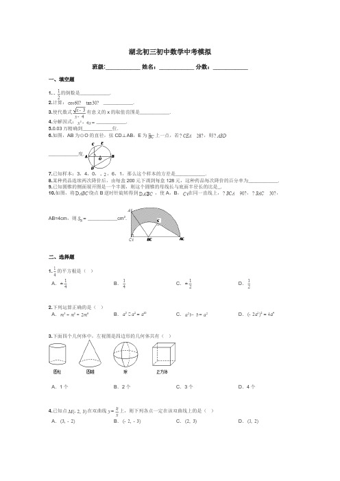 湖北初三初中数学中考模拟带答案解析
