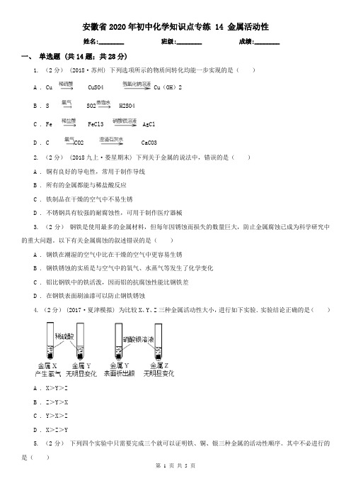 安徽省2020年初中化学知识点专练 14 金属活动性