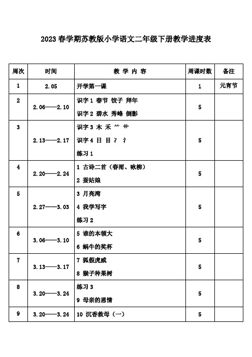 2023年春学期苏教版小学语文二年级下册教学进度表