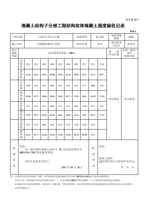 混凝土结构子分部工程结构实体砼强度验收记录