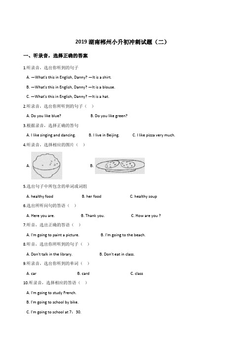 六年级下册英语试题--2019湖南郴州小升初冲刺试题(二) 人教版 (PEP) 含答案