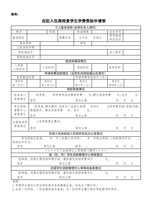 退役士兵复学学费资助申请表