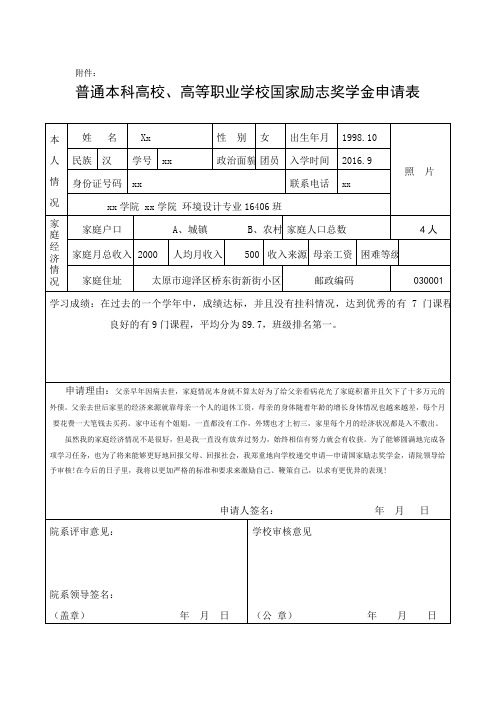 国家励志奖学金申请表