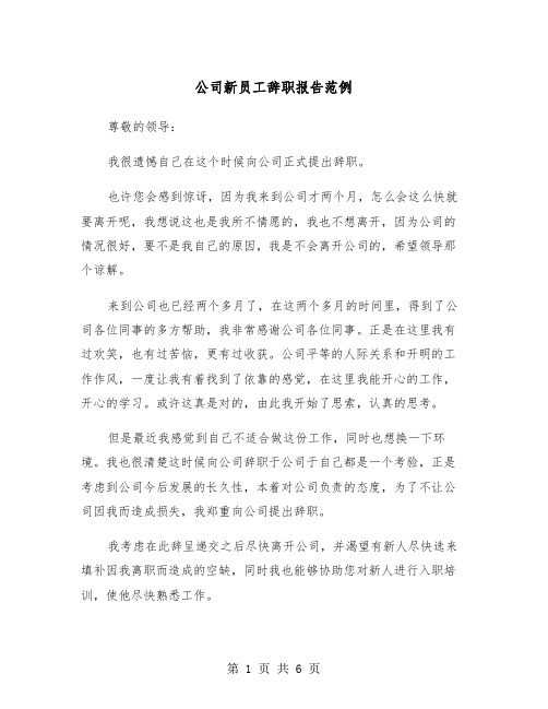 公司新员工辞职报告范例（3篇）