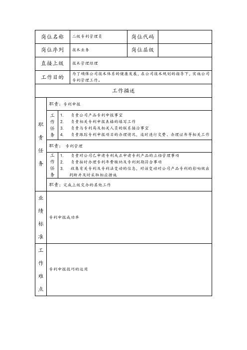 二级专利管理员--工业制造类岗位职责说明书