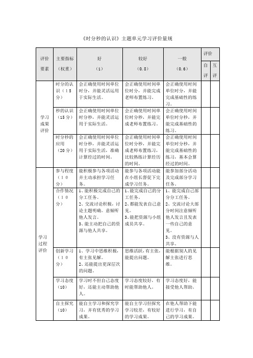 时分秒的认识主题单元学习评价量规