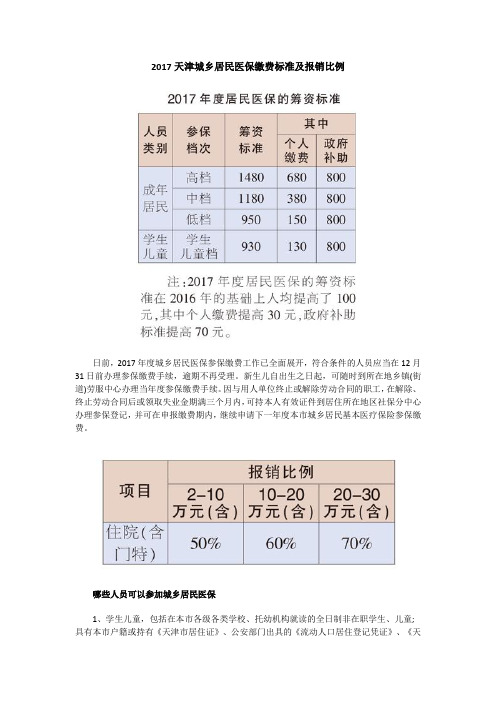 天津城乡居民医保缴费标准及报销比例