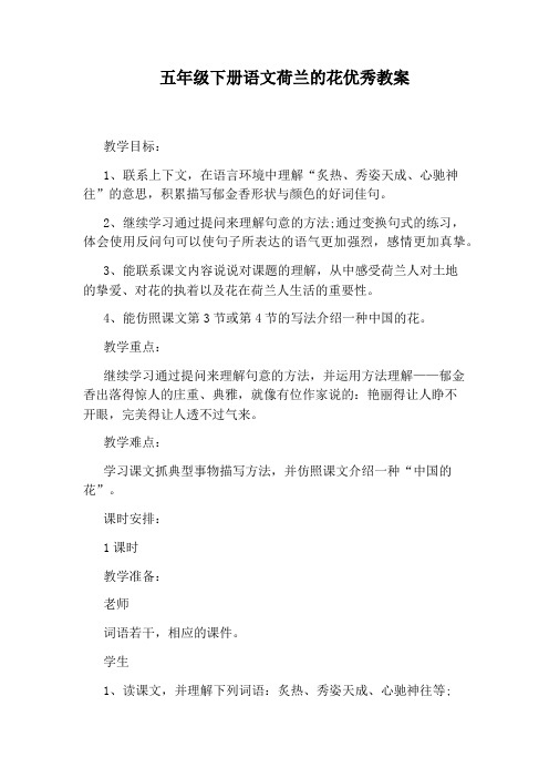 五年级下册语文荷兰的花优秀教案