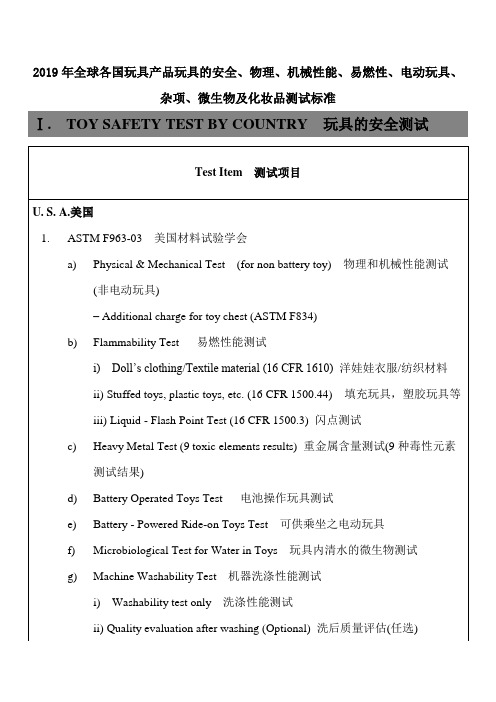 2019年全球各国玩具产品玩具的安全、物理、机械性能、易燃性、电动玩具、杂项、微生物及化妆品测试标准