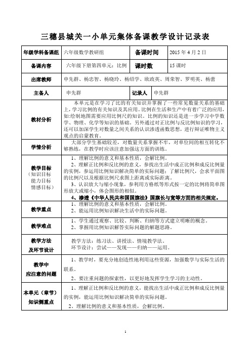 (完整版)集体备课记录表六年级下册数学第四单元