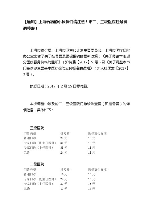 【通知】上海看病的小伙伴们请注意！市二、三级医院挂号费调整啦！