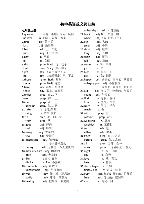 初中英语反义词归纳