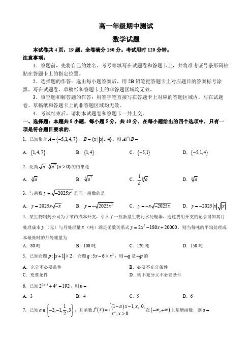 云南昆明市寻甸回族彝族自治县第一中学2024-2025学年高一上学期11月期中考试数学试题(含解析)