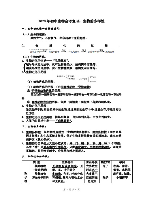 2020年初中生物会考复习：生物的多样性