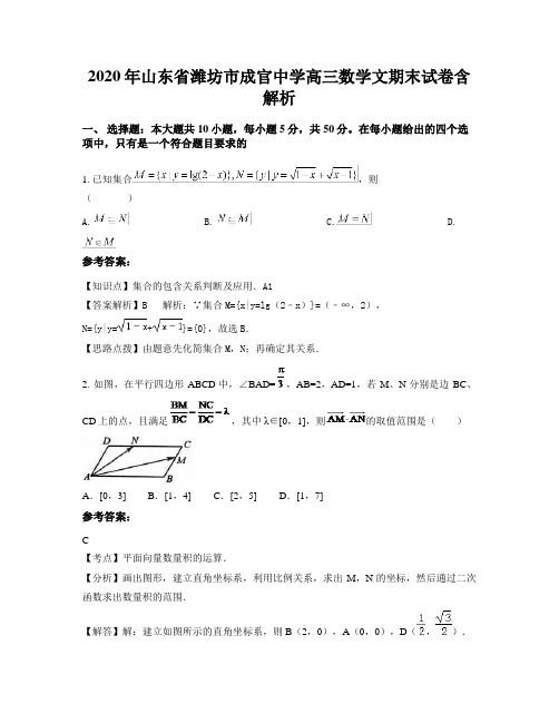 2020年山东省潍坊市成官中学高三数学文期末试卷含解析