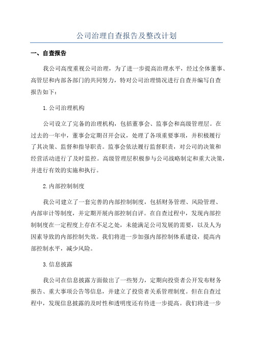 公司治理自查报告及整改计划