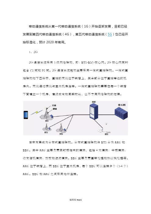 分别总结2G、3G、4G和5G系统的基站架构