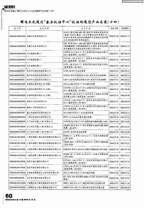 国内正式通过“泰尔认证中心”认证的通信产品名录(十四)