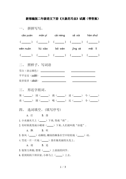 新部编版二年级语文下册《大象的耳朵》试题(带答案)