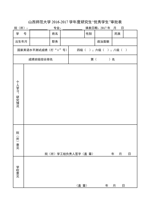 山西师范大学2012017学研究生优秀学生审批表