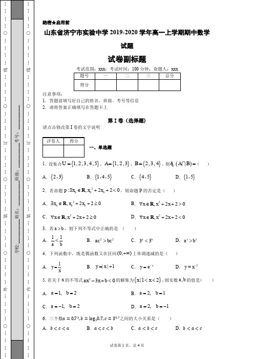 山东省济宁市实验中学2019-2020学年高一上学期期中数学试题