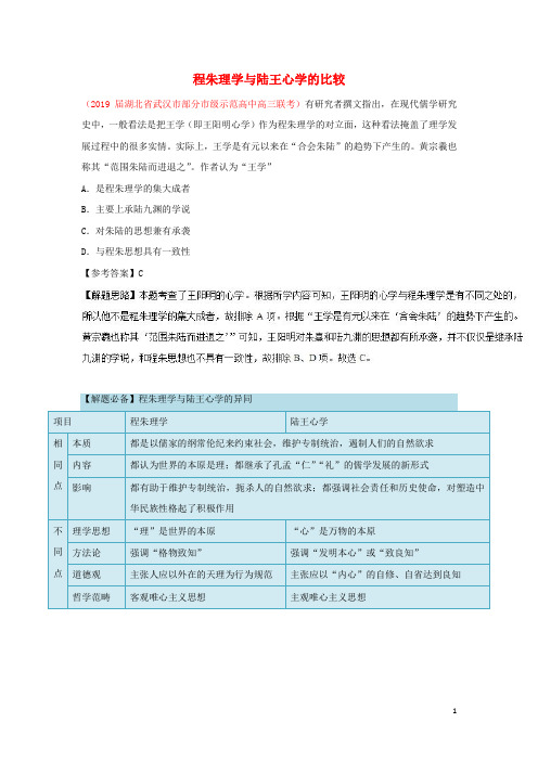 高中历史每日一题程朱理学与陆王心学的比较(含解析)