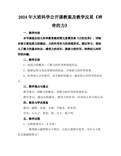 2024年大班科学公开课教案及教学反思《神奇的力》