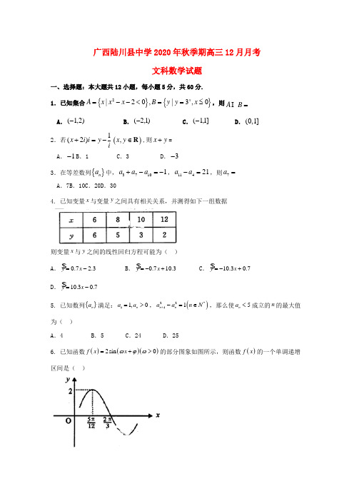 广西陆川县中学2020届高三数学12月月考试题 文