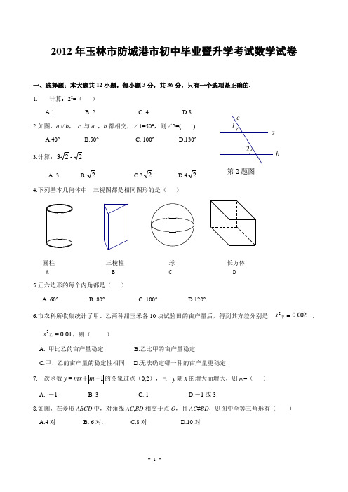 广西玉林市、防城港市2012年中考数学试题(含答案)