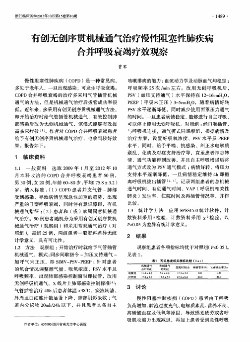 有创无创序贯机械通气治疗慢性阻塞性肺疾病合并呼吸衰竭疗效观察