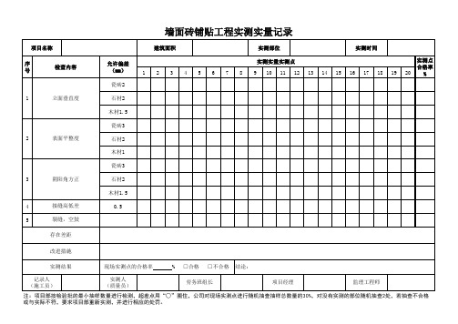 墙面砖铺贴工程实测实量记录