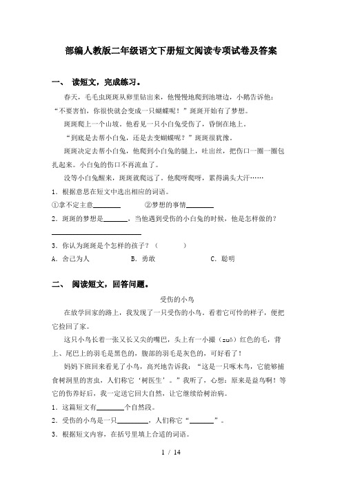 部编人教版二年级语文下册短文阅读专项试卷及答案