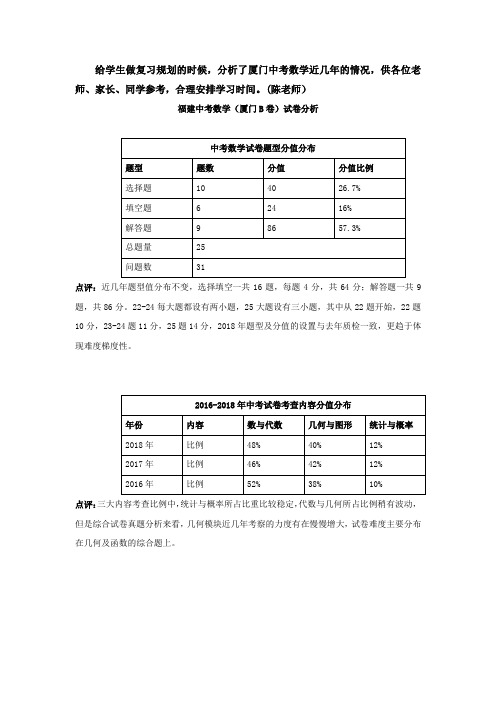 2016年2017年2018年厦门中考数学试卷分析总结