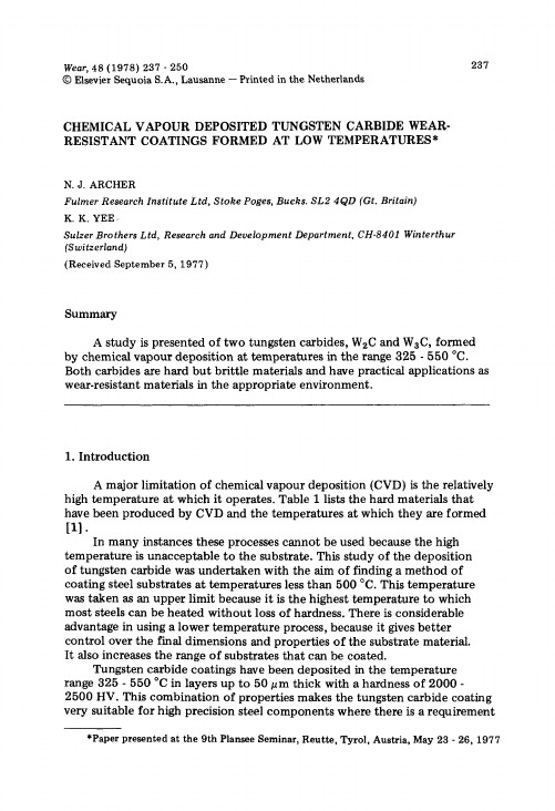 CHEMICAL VAPOUR DEPOSITED TUNGSTEN CARBIDE WEARRESISTANT COATINGS FORMED AT LOW TEMPERATURES