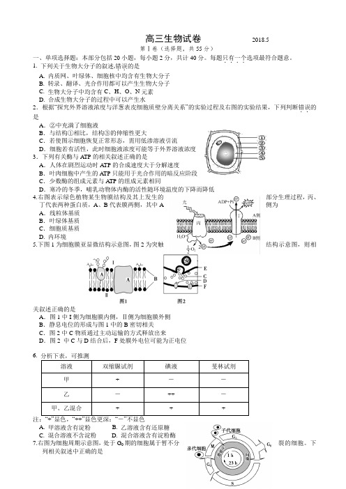 江苏省扬州中学2018届高三5月第四次模拟考试生物word版有答案AqqqAH