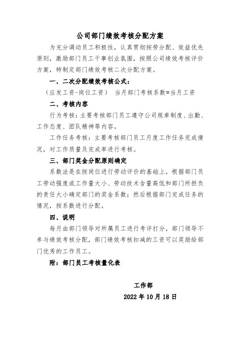 公司部门绩效考核分配方案