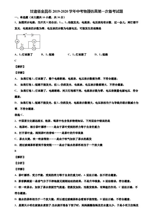 甘肃省金昌市2019-2020学年中考物理仿真第一次备考试题含解析