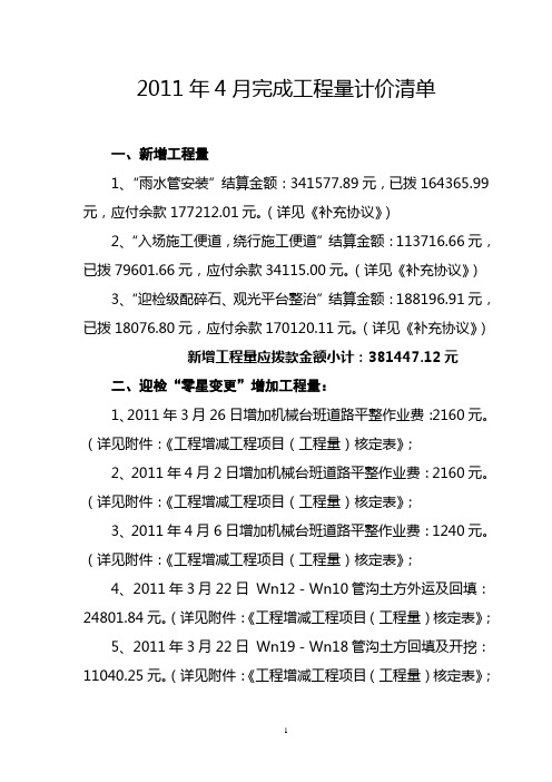 2011年4月完成工程量计价清单