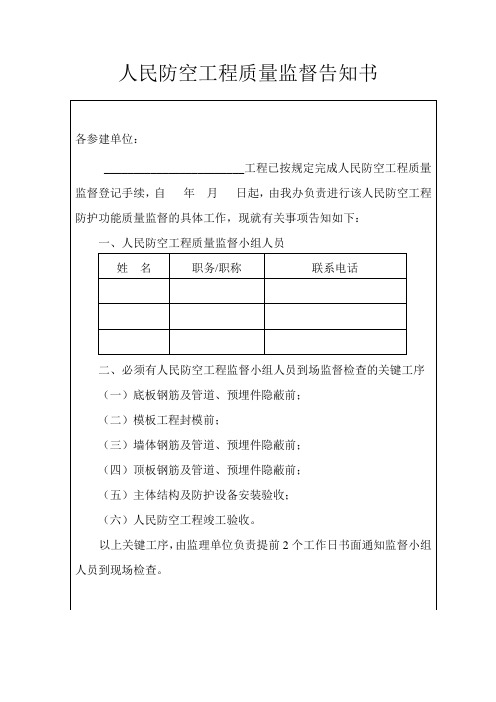 人民防空工程质量监督告知书