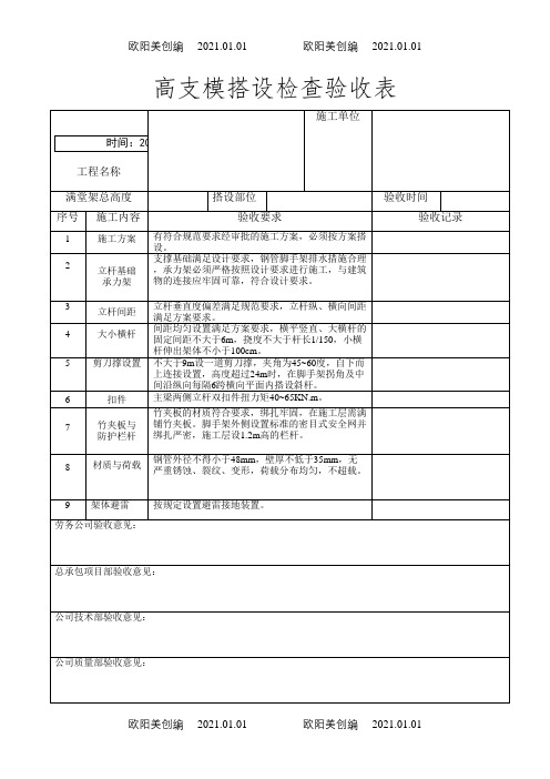 高支模搭设检查验收表之欧阳美创编