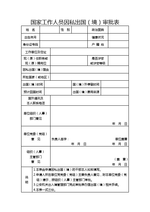 国家工作人员因私出国境审批表