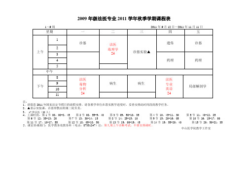 2009年级法医专业2011学年秋季学期课程表