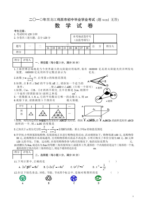 【2010真题】黑龙江鸡西市初中毕业学业考试数学中考试卷及答案