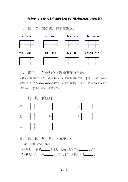 一年级语文下册《小公鸡和小鸭子》课后练习题(带答案)