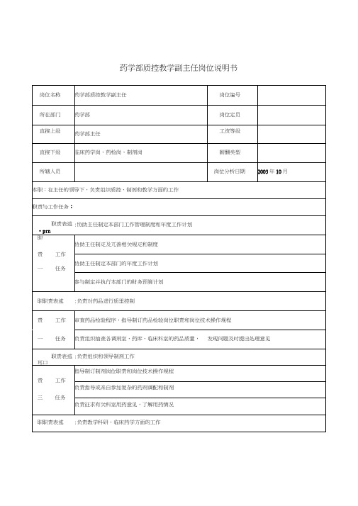 (医疗药品)湖北新华医院药学部质控教学副主任岗位说明书