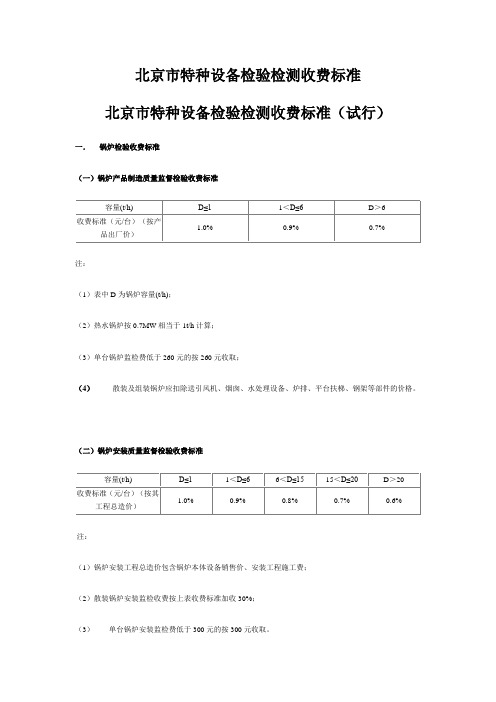 北京市特种设备检验检测收费标准