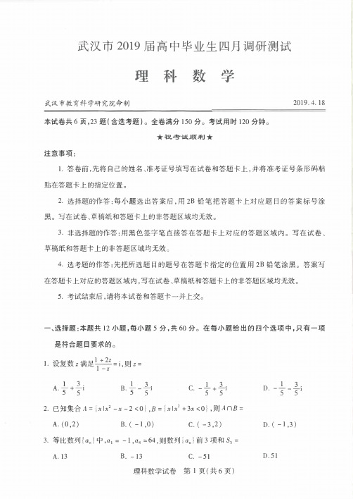 湖北省武汉市2019届高三四月调研测试数学(理)试卷 PDF版含答案