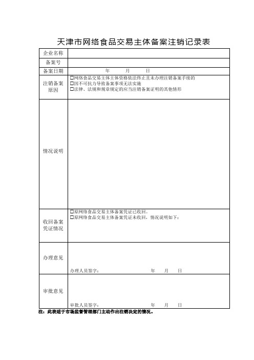 天津市网络食品交易主体备案注销记录表